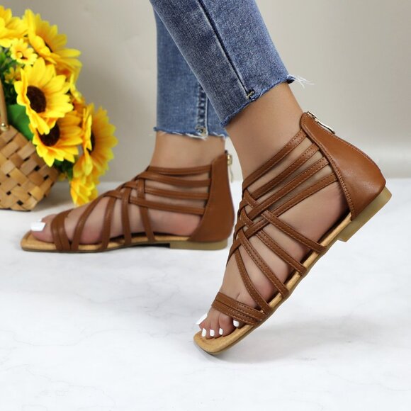 Women's Roman Gladiator Muliti Straped Back Zip Design Flat Heel Sandals Camel - Picture 4 of 5